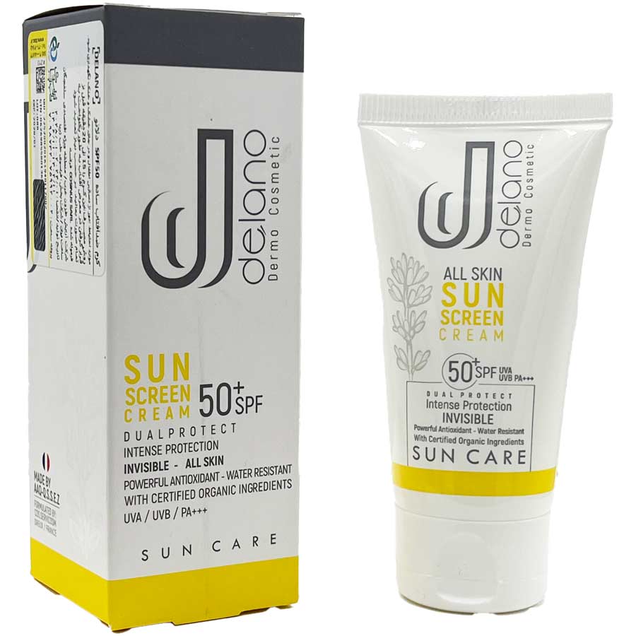 کرم ضد آفتاب بی رنگ مناسب انواع پوست اس پی اف 50 دلانو Delano Sunscreen SPF 50+ Invisible All Skin Types 50ml