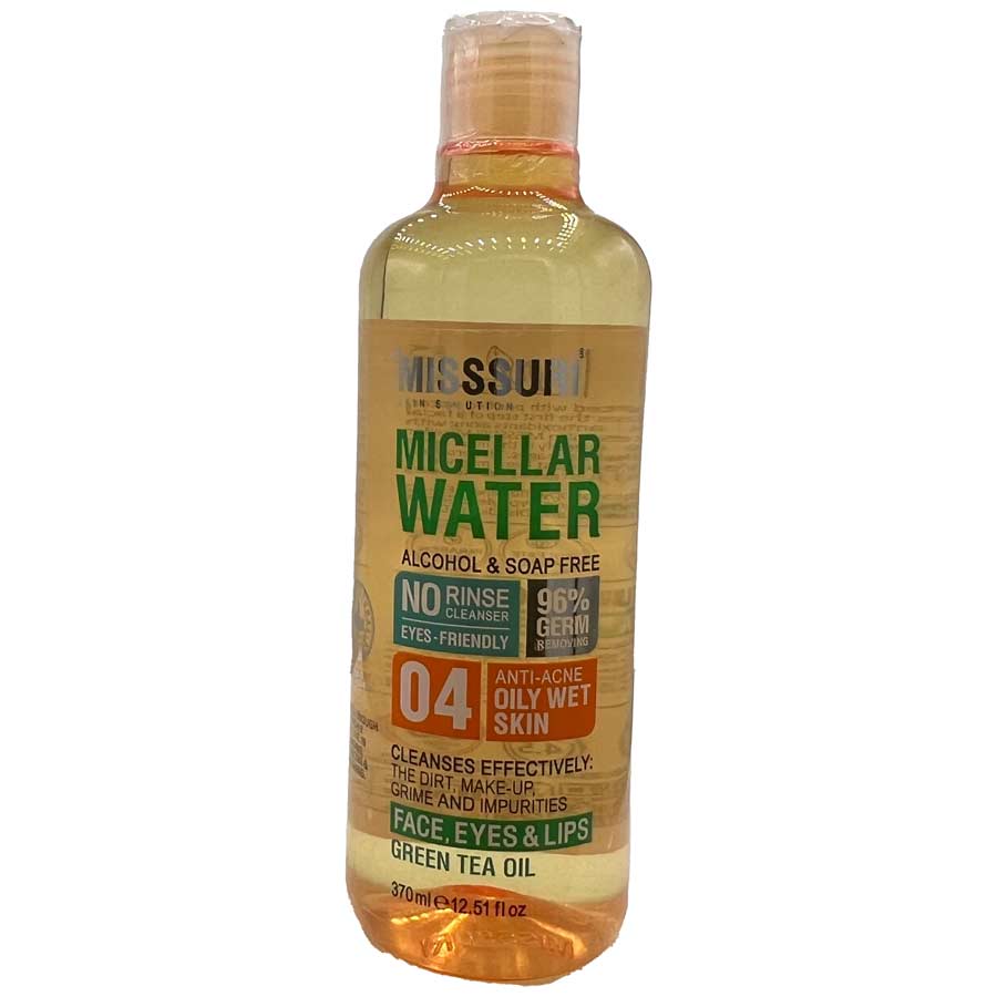 میسلار واتر پاک کننده صورت صورت چشم و لب حاوی روغن درخت چای مناسب پوست چرب 370 میلی لیتر میسوری Misssuri Micellar Water 04 Oily Wet Skin