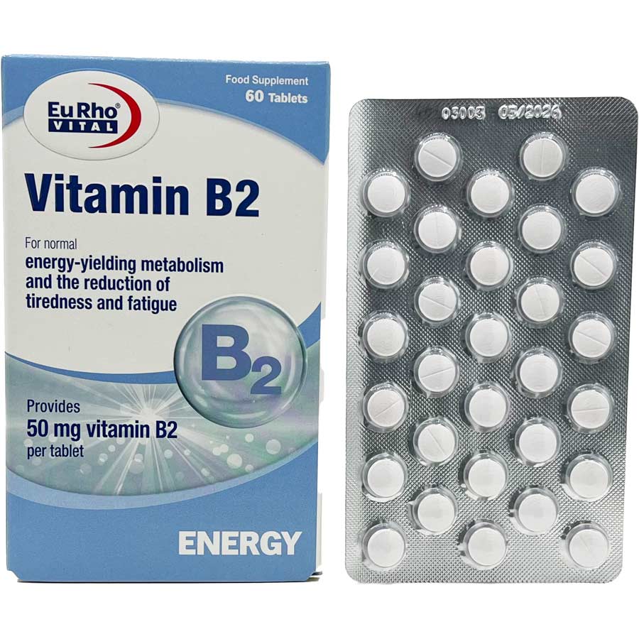 قرص ویتامین ب2 50 میلی گرم 60 عددی یورویتال Eurhovital Vitamin B2 Box 60