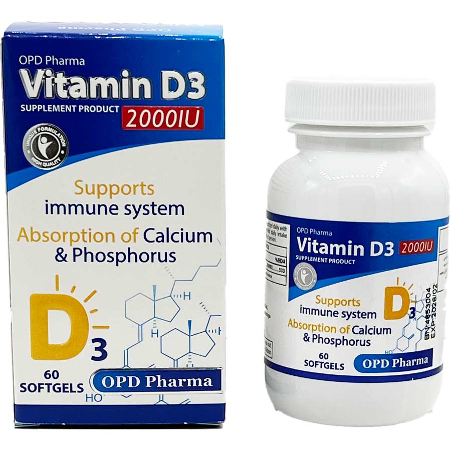 کپسول نرم سافت نرم ویتامین د3 2000 واحدی 60 عددی او پی دی فارما OPD Pharma Vitamin D3 2000 Softgel Box 60