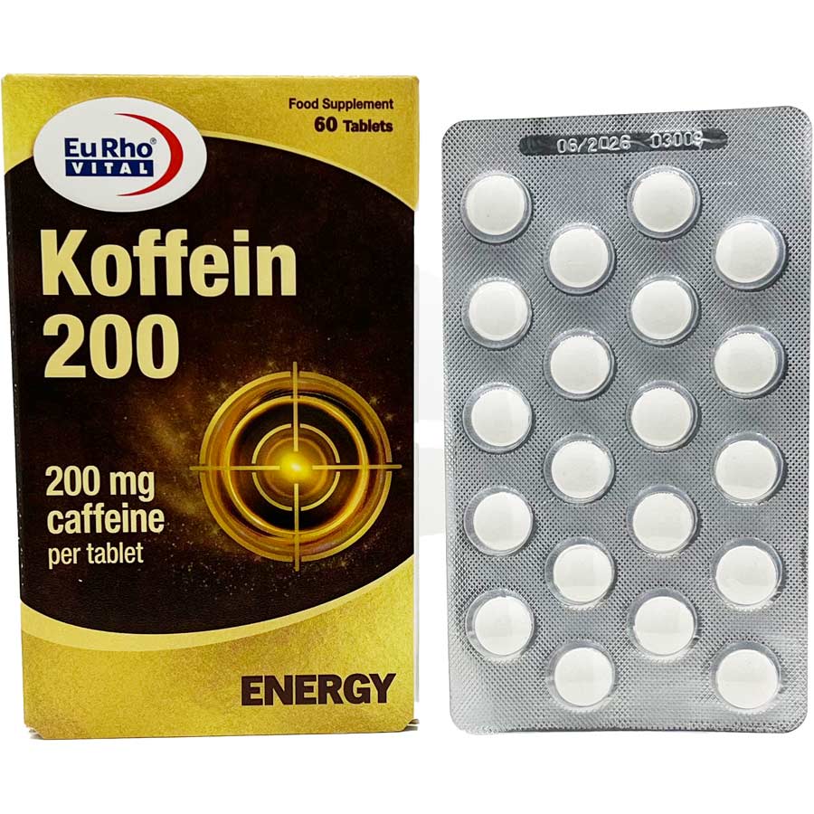 قرص کوفئین 200 میلی گرم کافئین 60 عددی یورویتال Eurhovital Koffein 200 Tablet Box 60