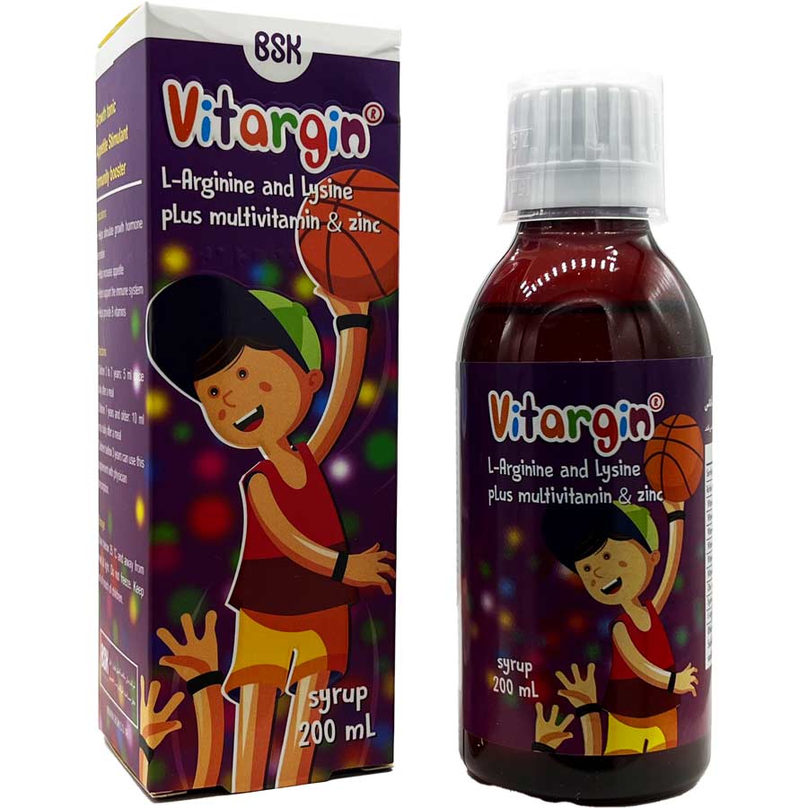 شربت ویتارژین آل آرژینین + لایزین 200 میلی لیتر بنیان سلامت کسری Vitargin Syrup BSK