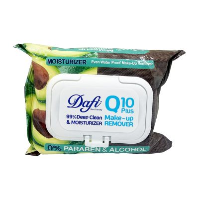 دستمال مرطوب پاک کننده آرایش چشم و صورت دافی Dafi Q10 Plus Moisturizer Box 50