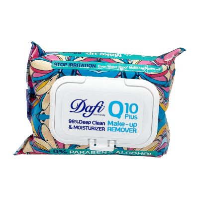 دستمال مرطوب پاک کننده آرایش چشم و صورت دافی Dafi Q10 Plus Stop Irritation Box 50