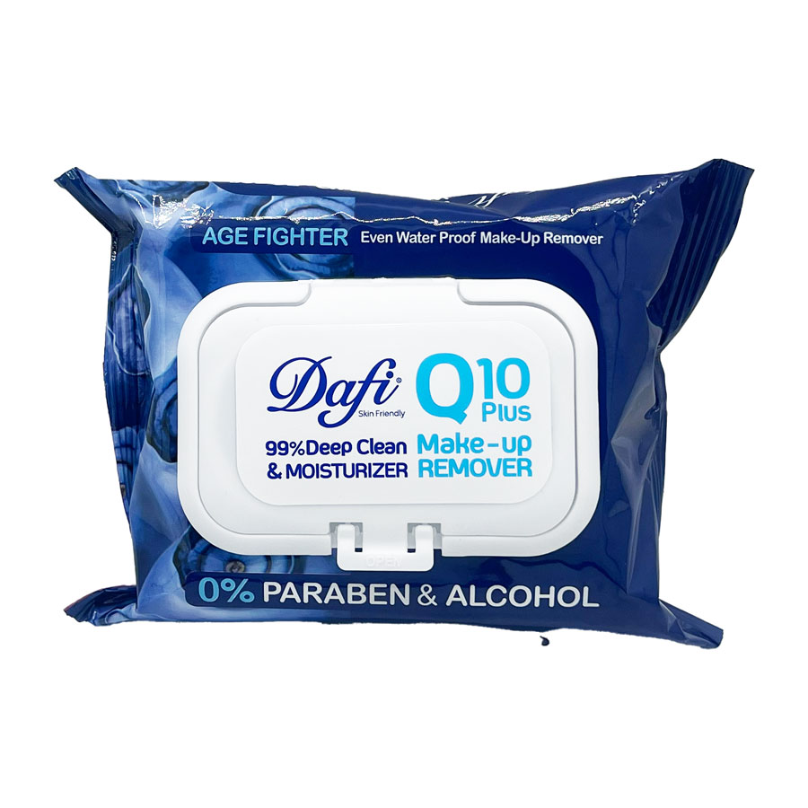 دستمال مرطوب پاک کننده آرایش چشم و صورت دافی Dafi Q10 Plus Age Fighter Box 50